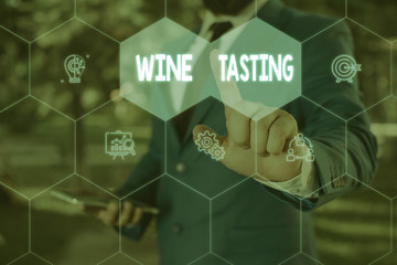 Word writing text Wine Tasting. Business photo showcasing Degustation Alcohol Social gathering Gourmet Winery Drinking Male human wear formal work suit presenting presentation using smart device