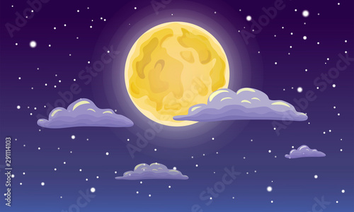 Vector Full Moon Stars And Clouds On The Dark Midnight Sky Night Sky Scenery Background Cartoon