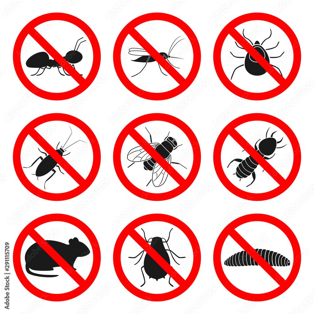 Pest Control Sign Insects Pest control signs. Repellent and insecticide symbols. Vector. Stock ...