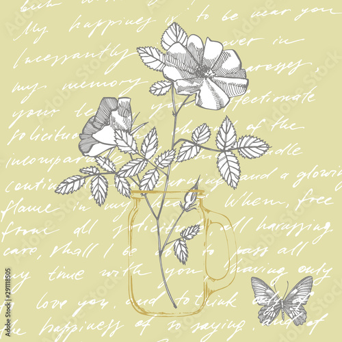 Wild rose flowers drawing and sketch illustrations. Decorative floral set for...