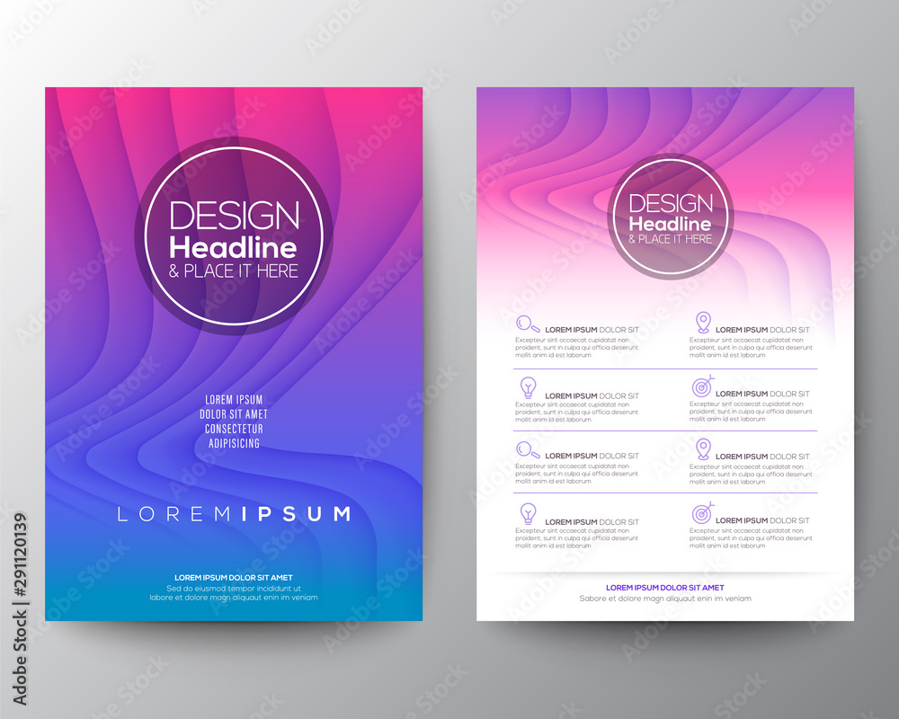 purple flyer design template. Minimal abstract curved wave shape on neon magenta purple gradient color background. A4 size - obrazy, fototapety, plakaty 