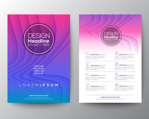 Wall Mural - purple flyer design template. Minimal abstract curved wave shape on neon magenta purple gradient color background. A4 size