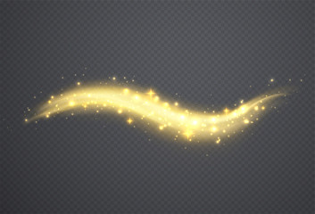 Wall Mural - golden spark of dust with stars. sparkling magic wave, christmas glittering light effect.