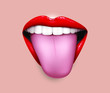Female lips with red lipstick on a nude background, shows tongue. Smile, funny, beautiful teeth. Vector