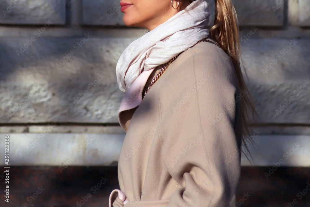 Young woman in autumn coat. Neck scarf - obrazy, fototapety, plakaty 