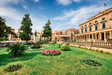 Sunny Spring View Of Museum Of Asian Art. Colorful Morning Cityscape Of Corfu Town, Capital Of The Greek Island Of Corfu, Greece, Europe. Traveling Concept Background.