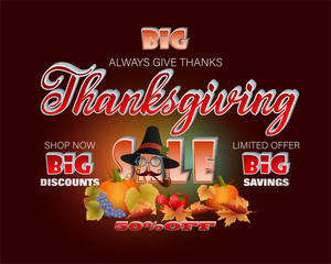 Poster - Holiday design with figurative 3d and handwriting texts, farmer's hat and harvest on leaf in autumn colors for Thanksgiving day, sales and commercial event; Vector illustration