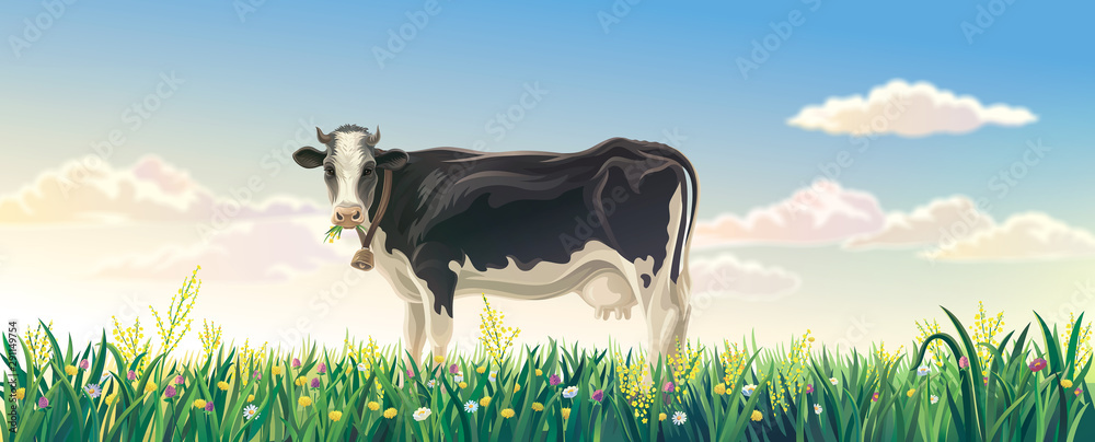 Rural summer landscape with cow. Cow in a rural meadow among flowering ...