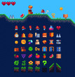 © thepolovinkin - 2d Platformer set for pixel art style game, isolated vector. 8 Bit  cartoon game background, mobile game assets. Adventure arcade quest gameplay scene with ground, grass, sky, coin, hearts, character.