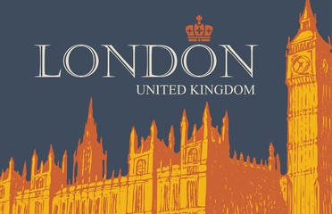 Wall Mural - Vector postcard or banner with hand drawn Palace of Westminster and Big Ben in London, UK. Retro postcard with words London, United Kingdom