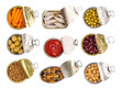 Canned food isolated on white background, top view