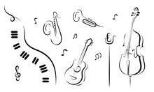 A Set Of Hand Drawn Musical Instruments. Piano, Saxophone, Trumpet, Guitar, Mic Cello. For Posters, Flyers, Banners. Vector.