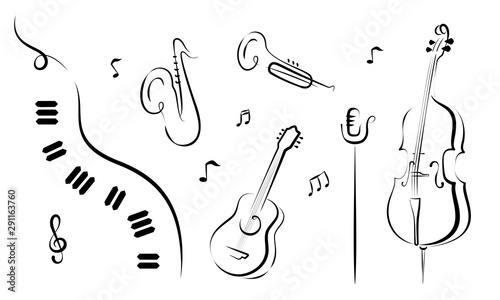 Dekoracja na wymiar  zestaw-recznie-rysowane-instrumentow-muzycznych-fortepian-saksofon-trabka-gitara-mikrofon-wiolonczela-dla
