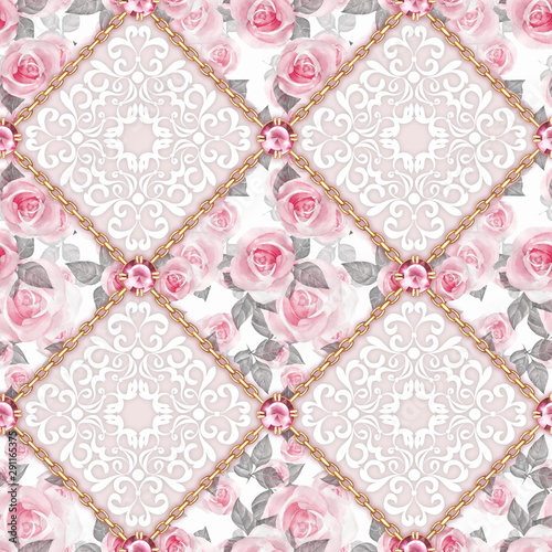 Seamless decorative pattern with roses and chains