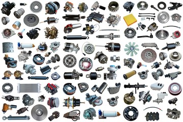 Wall Mural - Auto spare parts car on the white background. Set with many isolated items for shop or aftermarket