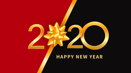 Wall Mural - happy new year 2020 - new year background with shiny gold text design, golden numbers and ribbon bow