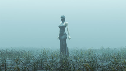 Sticker - Black Futuristic Demon Woman In a Futuristic Haute Couture Dress and face Mask Demon Foggy Watery Void with Reeds and Grass background 3 Quarter View 3d Illustration 3d render