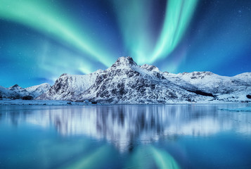 Wall Mural - aurora borealis, lofoten islands, norway. nothen light and reflection on the lake surface. winter la