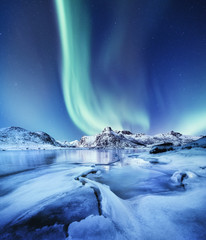 Wall Mural - aurora borealis, lofoten islands, norway. nothen light and reflection on the lake surface. winter la