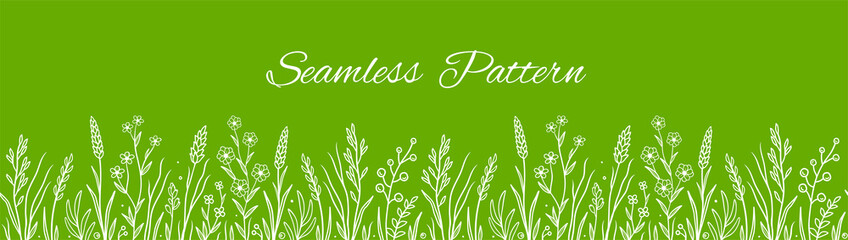 Wall Mural - green seamless pattern with wild herbs and flowers