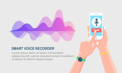 Sound audio gradient wave from equalizer. Cellphone with microphone icon on screen. Mobile phone app for digital voice radio record. Music frequency in color spectrum. Vector flat design