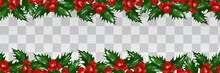 Holly Berries Border Isolated On Transparent Background. Christmas And New Year Decorations. Xmas Garland. Vector