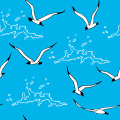 Wall Mural - Seagulls. Seamless pattern with hand drawn birds and waves. Repeating texture, print for fabric, textile. Marine background with a linear drawings.