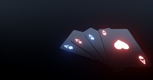 4 Aces Playing Cards With Futuristic Glowing Lights Isolated On The Black Background - 3D Illustration