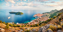 Aerial Morning View Of Dubrovnik City. Colorful Summer Scene Of Croatia, Europe. Beautiful World Of Mediterranean Countries. Traveling Concept Background.