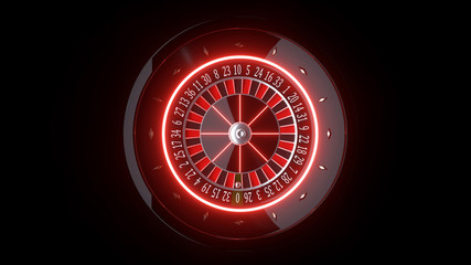 Wall Mural - Futuristic Roulette Wheel With Red Neon Lights Isolated On The Black Background - 3D Illustration