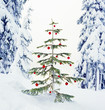 © ML Harris - Real, live Christmas tree outdoors with snowy forest nature landscape background. Beautiful, simple winter holiday snow scenes.