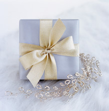 Fancy, Elegant, Silver Gift Present With Gold Bow And Glitter Garland On White Background. Special, Luxury Christmas Or Wedding Gifts. Selective Focus On Front Of Gift Box.