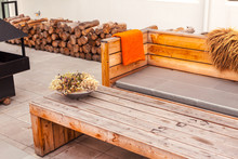 Outdoor Restaurant Terrace With Wooden Furniture