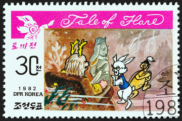 Sticker - Hare and turtle before Dragon King tale (North Korea 1982)