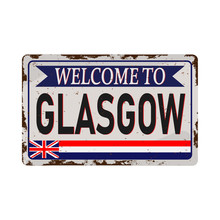 Cities Retro Welcome To Glasgow Vintage Sign. Travel Destinations Theme On Old Rusty Background.