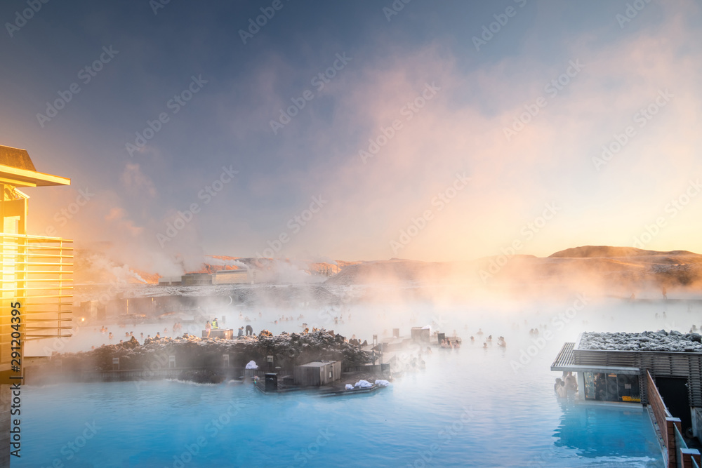 Beautiful landscape and sunset near Blue lagoon hot spring spa in Iceland - obrazy, fototapety, plakaty 