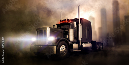 Cuadros en Lienzo Classic black semi truck on dark background with smoke and city in the backgroun