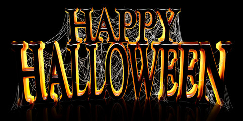Wall Mural - backlit happy halloween text covered in spooky spider webs banner - 3d render