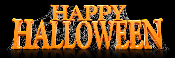 Wall Mural - orange happy halloween text covered in spooky spider webs banner - 3d render