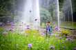 Asian male tourist go travelling in the field of verbena flowers with beautiful fountain in background