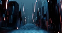 Sci Fi Landscape Night City Glows With Neon Light Tall Cubes Blocks Grunge Interior 3D Rendering