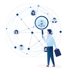 Businessman using magnifying glass for search business contacts and global communication. Various business people avatars.