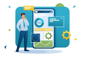 Poster - Young man works on a mobile application for data collection and analysis. Flat 2D character. Concept for web design