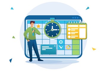 Poster - young entrepreneur plans the time for business planning, fills the calendar for the month. flat 2d c
