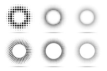 Halftone Circular Dotted Frames Set. Circle Dots Isolated On The White Background. Logo Design Element For Medical, Treatment, Cosmetic. Round Border Using Halftone Circle Dots Texture. Vector