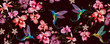 Humming bird and orchid exotic tropical flowers horizontal seamless pattern. Fashion template for clothes. Spring garden, floral art