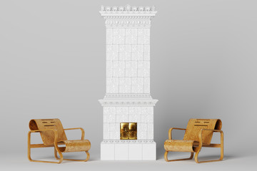 Wall Mural - Vintage Ceramic Fireplace with Plywood Armchair in new Scandinavian Style Interior 3d render