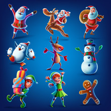 Santa Claus Elf Reeinder Snowman Penguin Gingerbread Set Illustration For Christmas