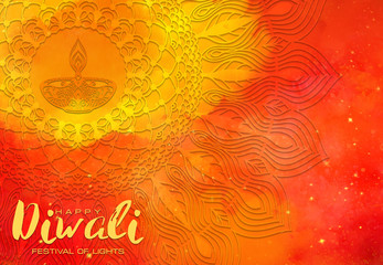 Wall Mural - Abstract illustration mandala graphic with watercolor painting, celebration for Happy Diwali festival of light backgrounds
