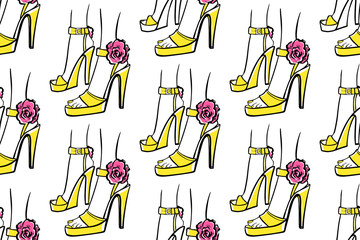 seamless pattern with yellow female heeled sandals